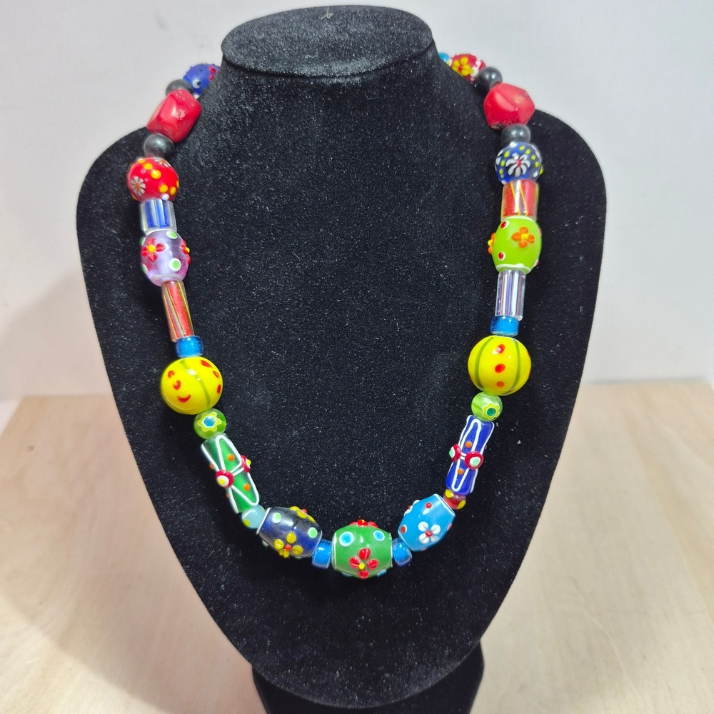 Vintage Millefiori Lampwork Glass Bead Necklace Multi Color Boho S-Hook Clasp